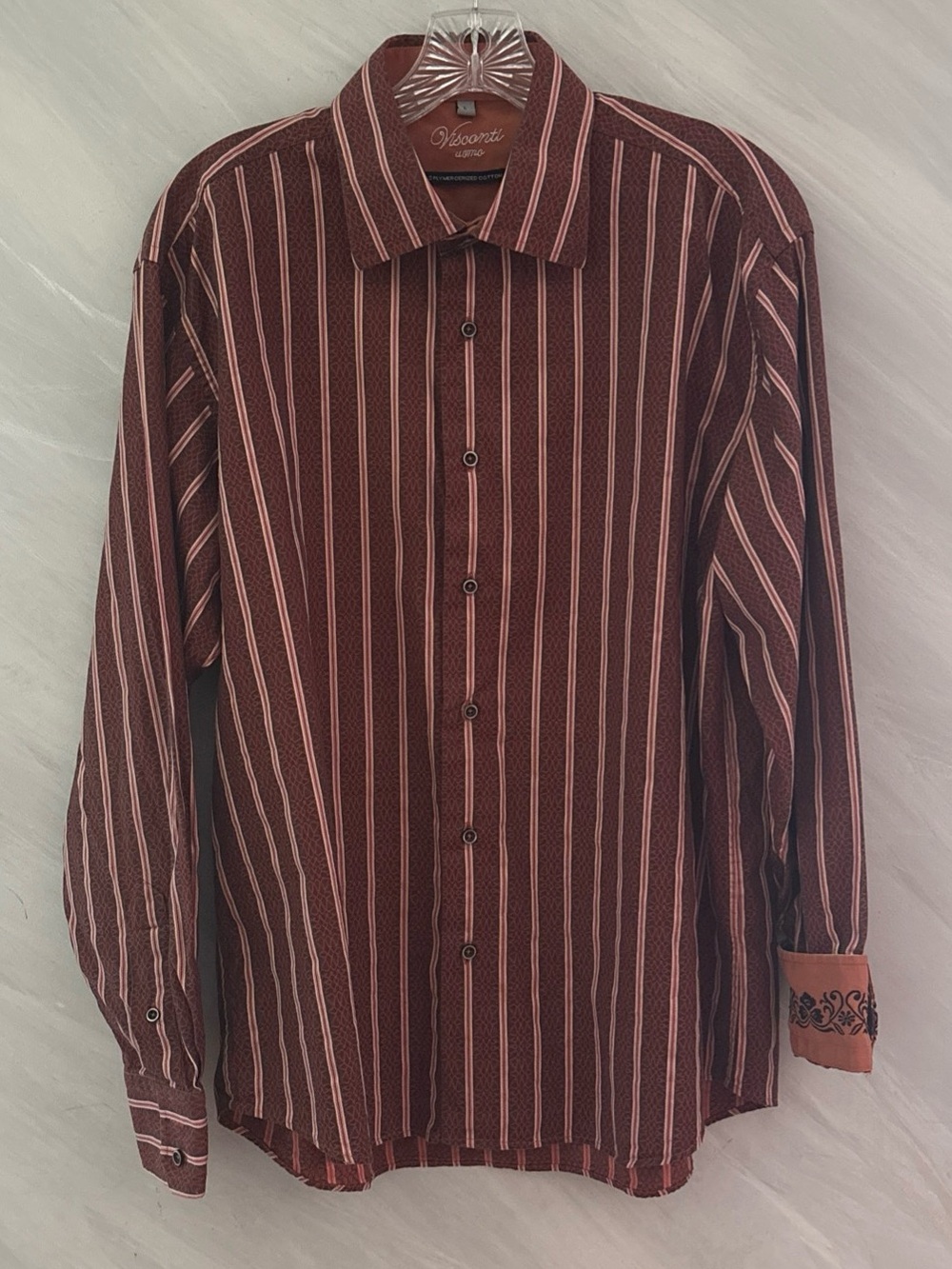 Visconti Uomo L Orange/ Brown  Striped & Design 2 Ply Mercerized Cotton Shirt